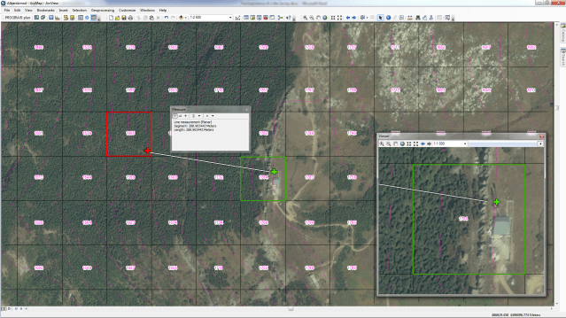 Figure 1: PROGIRA® plan screenshot. Terrain elevation grid is indicated with squares that have a black coloured outline. In the centre of each square the terrain elevation is presented in pink colour. The pink dash-dot-dot line represents a generated terrain height contour where the distance between contour lines is 25 meter. The given site location is indicated with a red cross and the adjusted site location is indicated with a green cross.